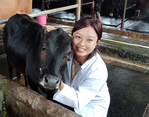 Person posing with a cow.