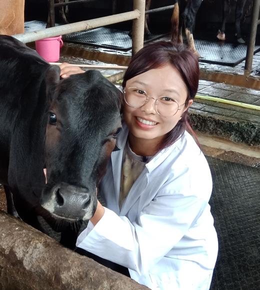 Person posing with a cow.